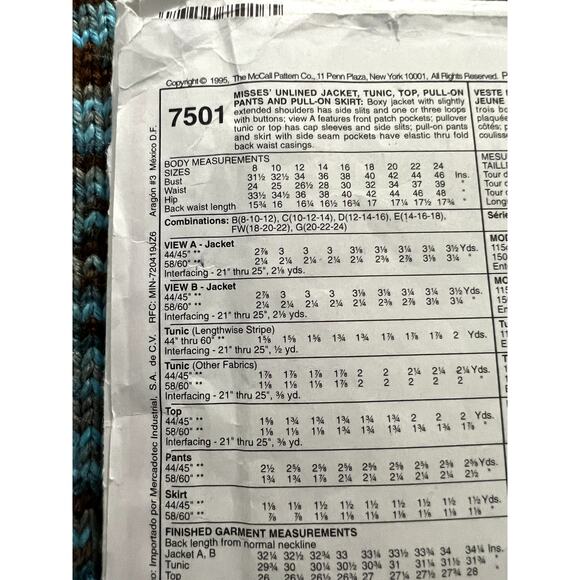 McCalls 7501 pattern jacket tunic top pull-on pants pullon skirt size 20 22 24 - Picture 4 of 7